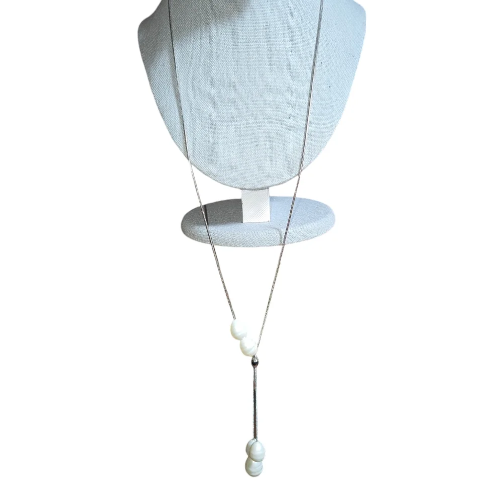 Chico's Faux Freshwater Pearl Silver Tone Snake Chain Adjustable Lariat Necklace